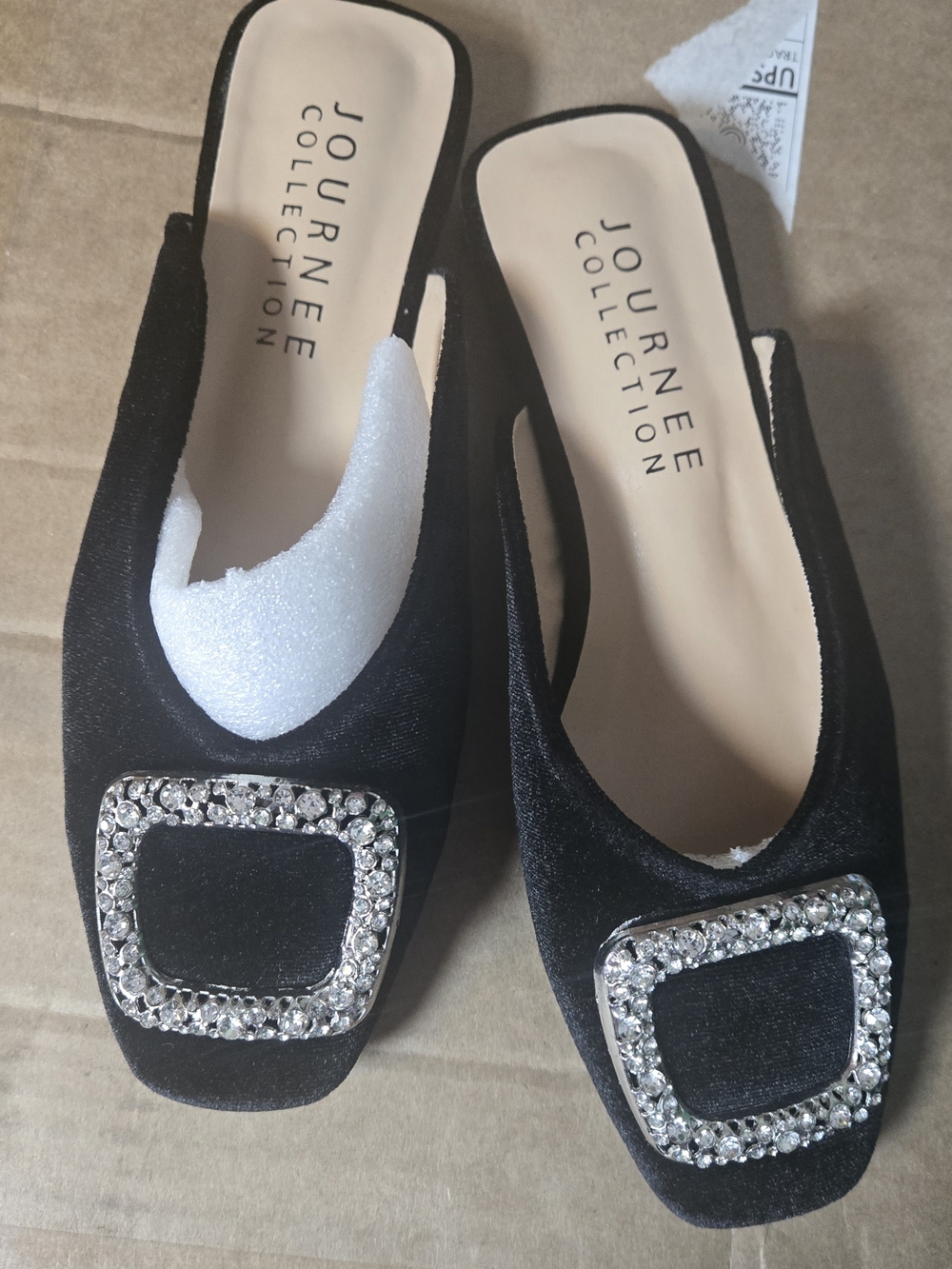 Journee Collection Black Velvet Embellished Square-Toe Slingback Flats